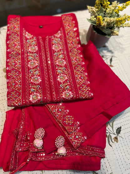 Rayon Embroidery Kurta Sets in Rani with Dupatta