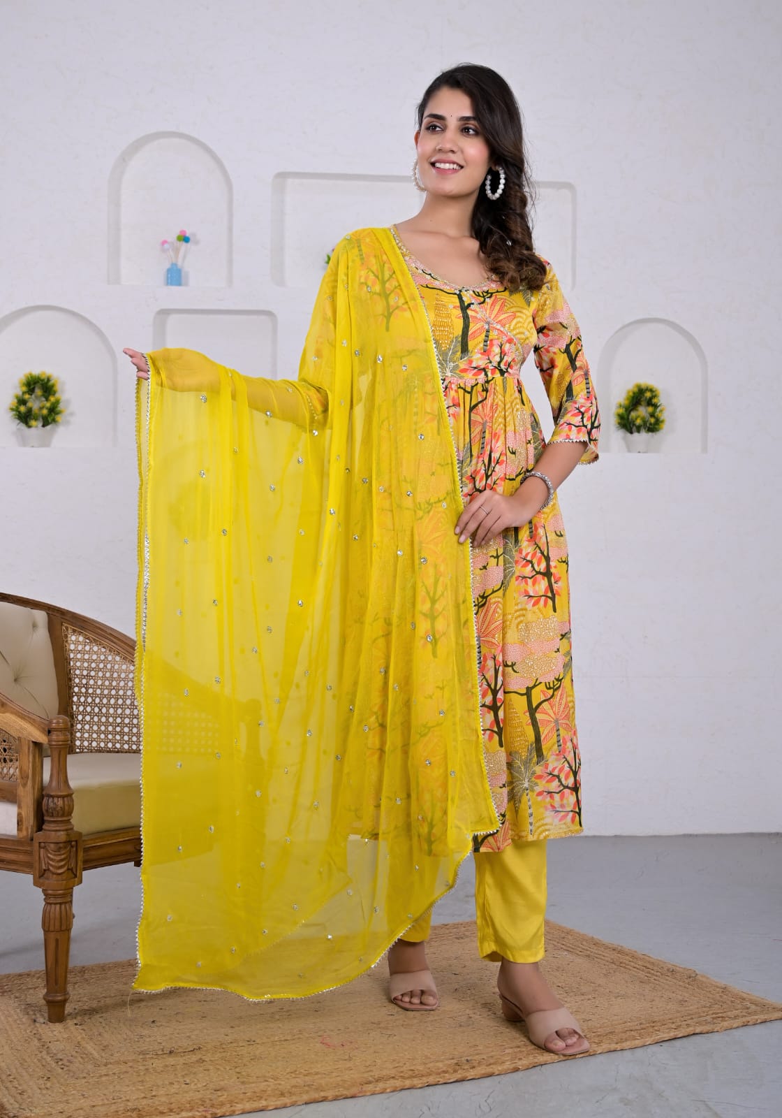 Yellow Chinon Fabric Anarkali Suit With Dupatta